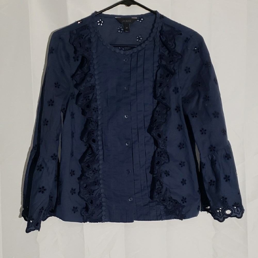 J Crew Navy Blue Eyelet Ruffle Blouse with wide sleeves size 4P